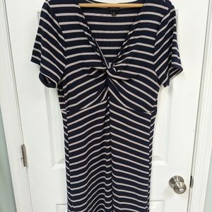 Navy and taupe striped twist front dress